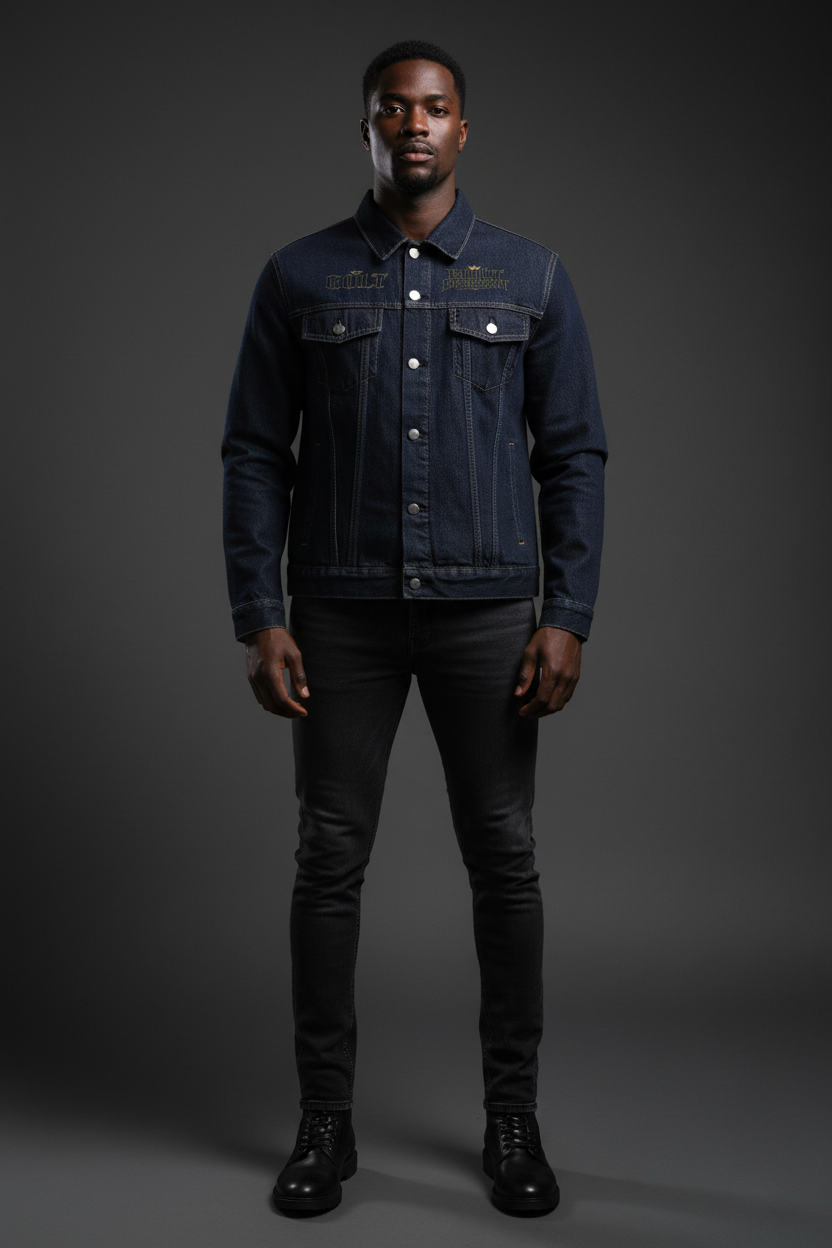 Dark navy denim jacket on model, button-front and flap chest pockets