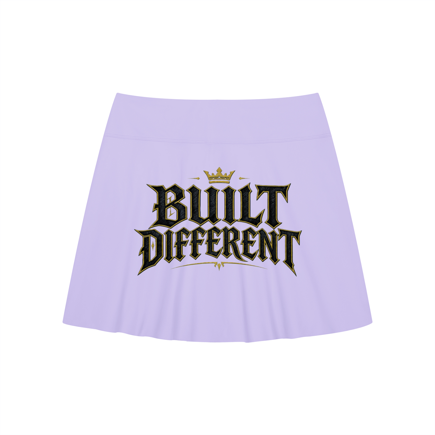 Lavender mini slit skirt with "Built Different" logo graphic