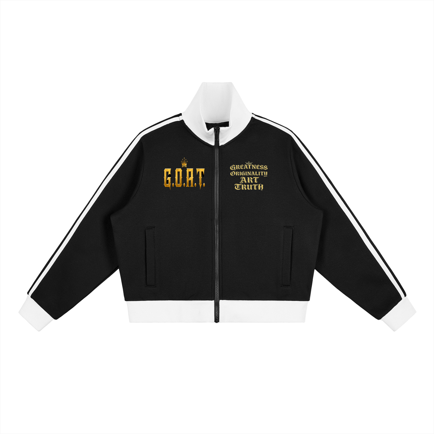 Black cropped fleece track jacket front view with white stripe sleeves and zip-front stand collar