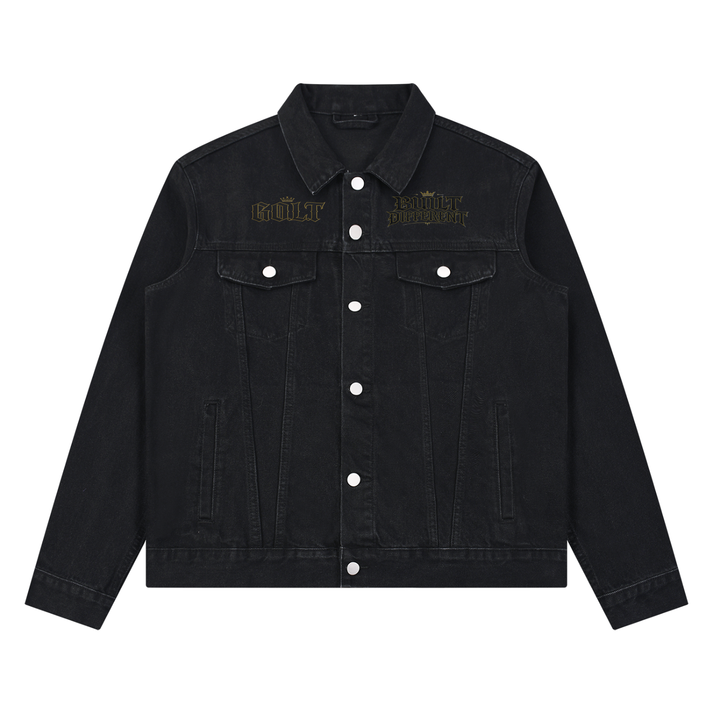 Black denim jacket with button-front, flap chest pockets, and gold logo embroidery