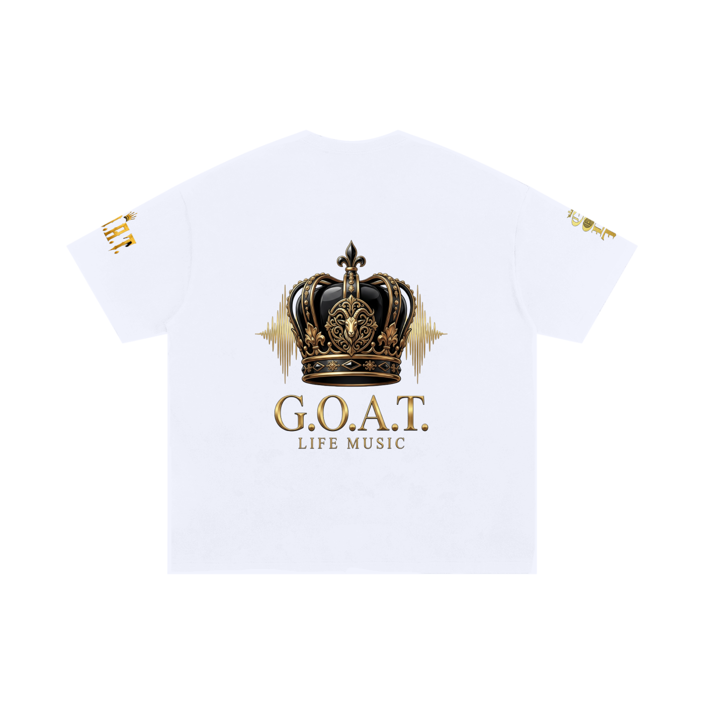 White oversized cotton T-shirt, back graphic with gold crown and "G.O.A.T. Life Music"