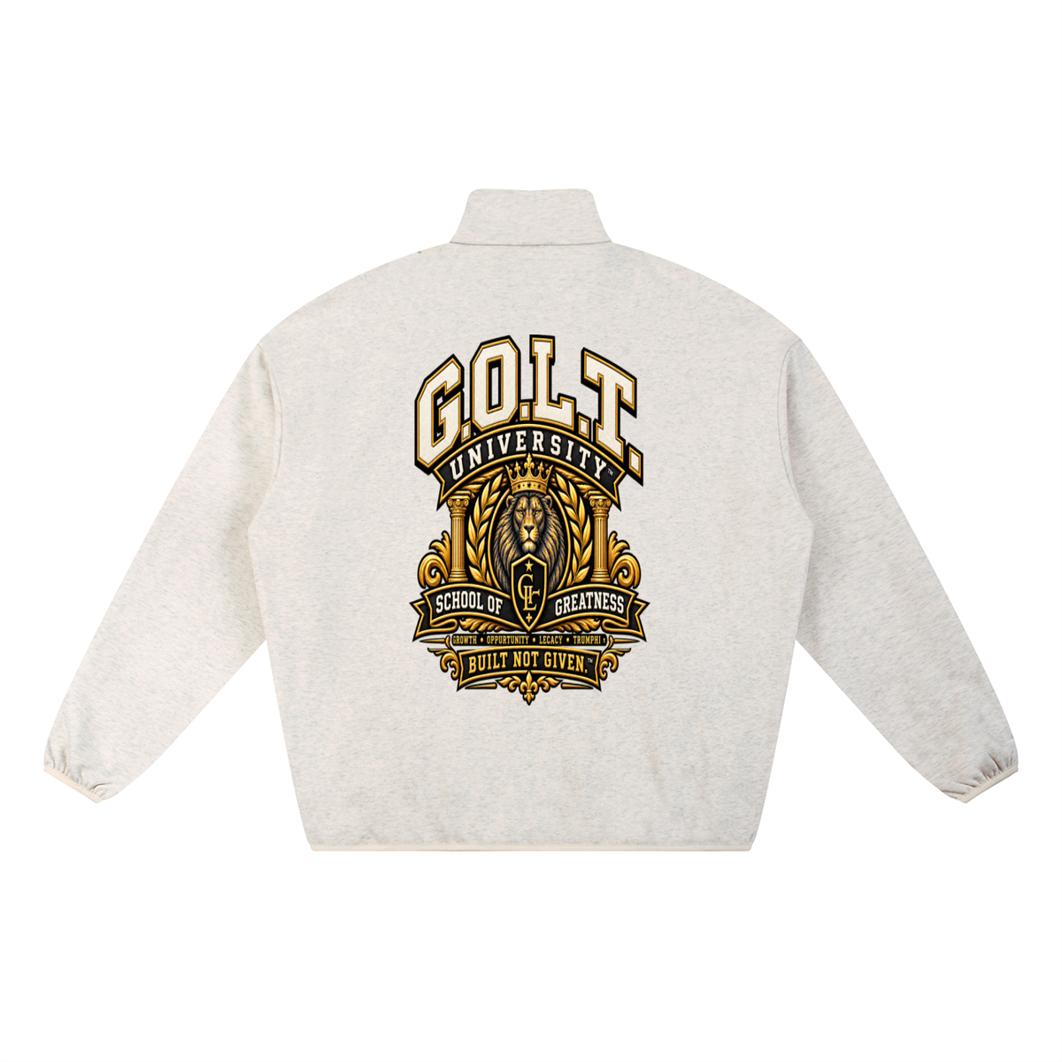 Light gray heavyweight jacket with stand collar, front zipper, and large G.O.L.T. back emblem