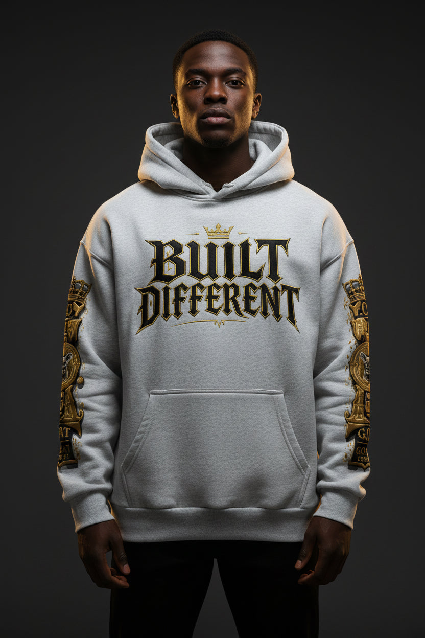 Oversized fleece hoodie in light gray, front logo graphic under the hood