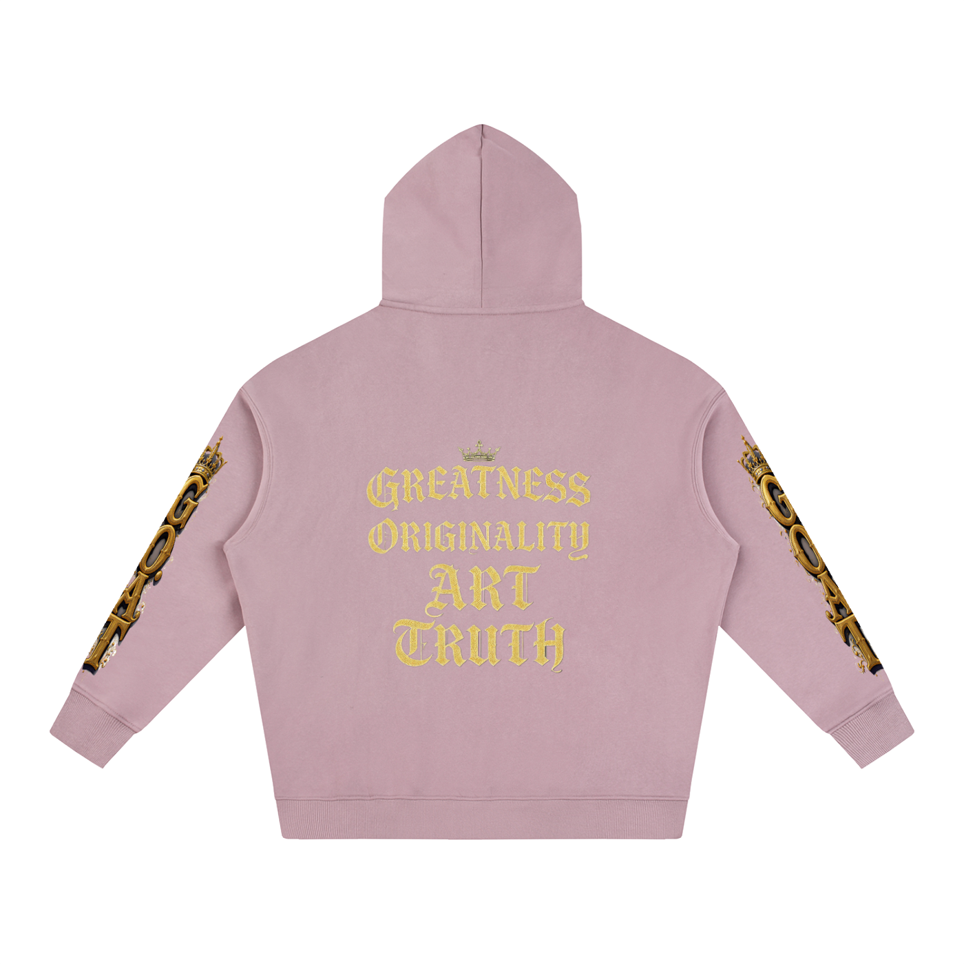 Dusty pink oversized fleece hoodie, back graphic "Greatness Originality Art Truth"