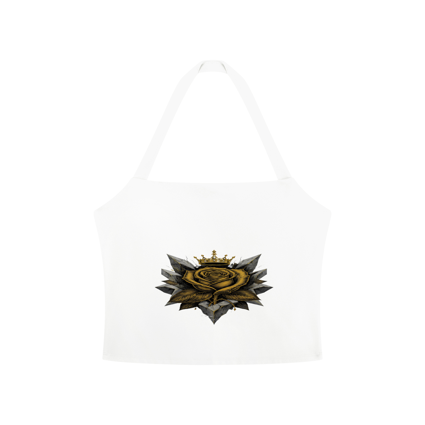 Women's halter crop sports bra, white, front rose emblem graphic