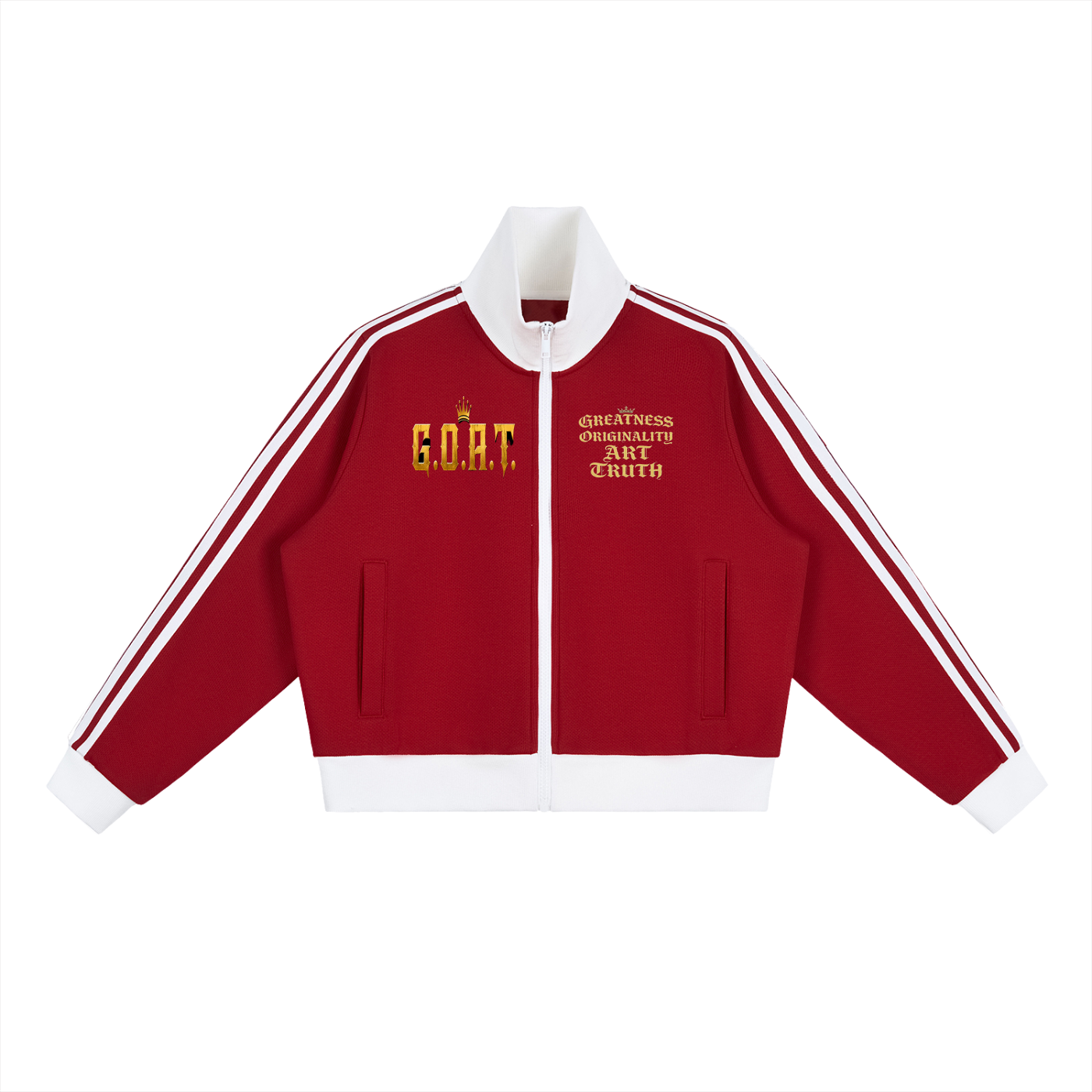 Cropped fleece track jacket in red with white zip front, white contrast sleeve stripes