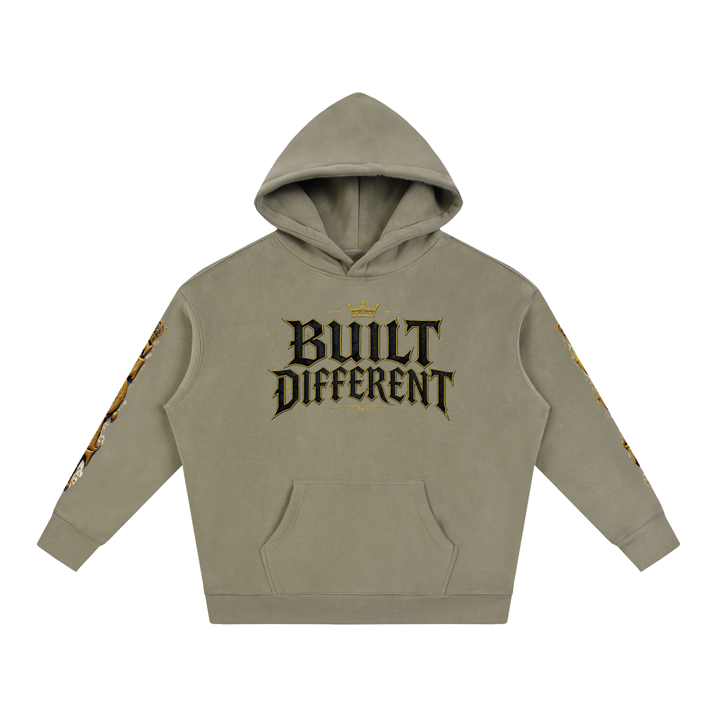 Olive oversized fleece hoodie, front graphic "Built Different" and gold sleeve print