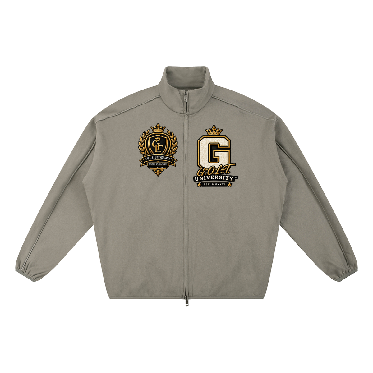 Army green heavyweight jacket with stand collar, front zipper, and G.O.L.T. chest emblems