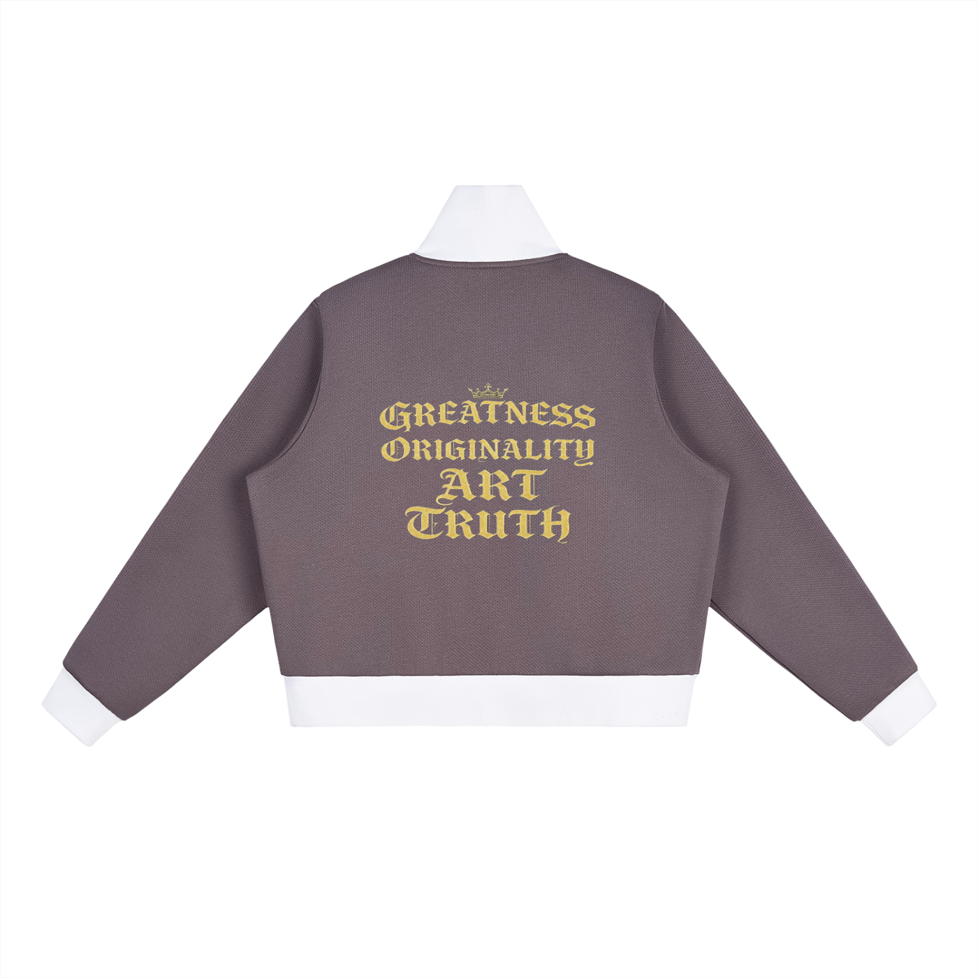 Cropped fleece track jacket in dark gray with back graphic text and white stripe sleeves