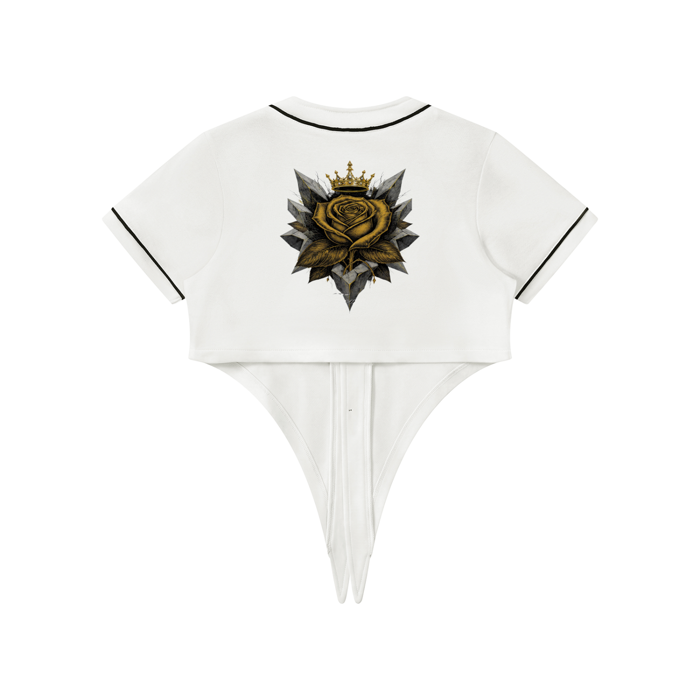 White cropped baseball jersey back view with gold rose crest centered and black collar trim.