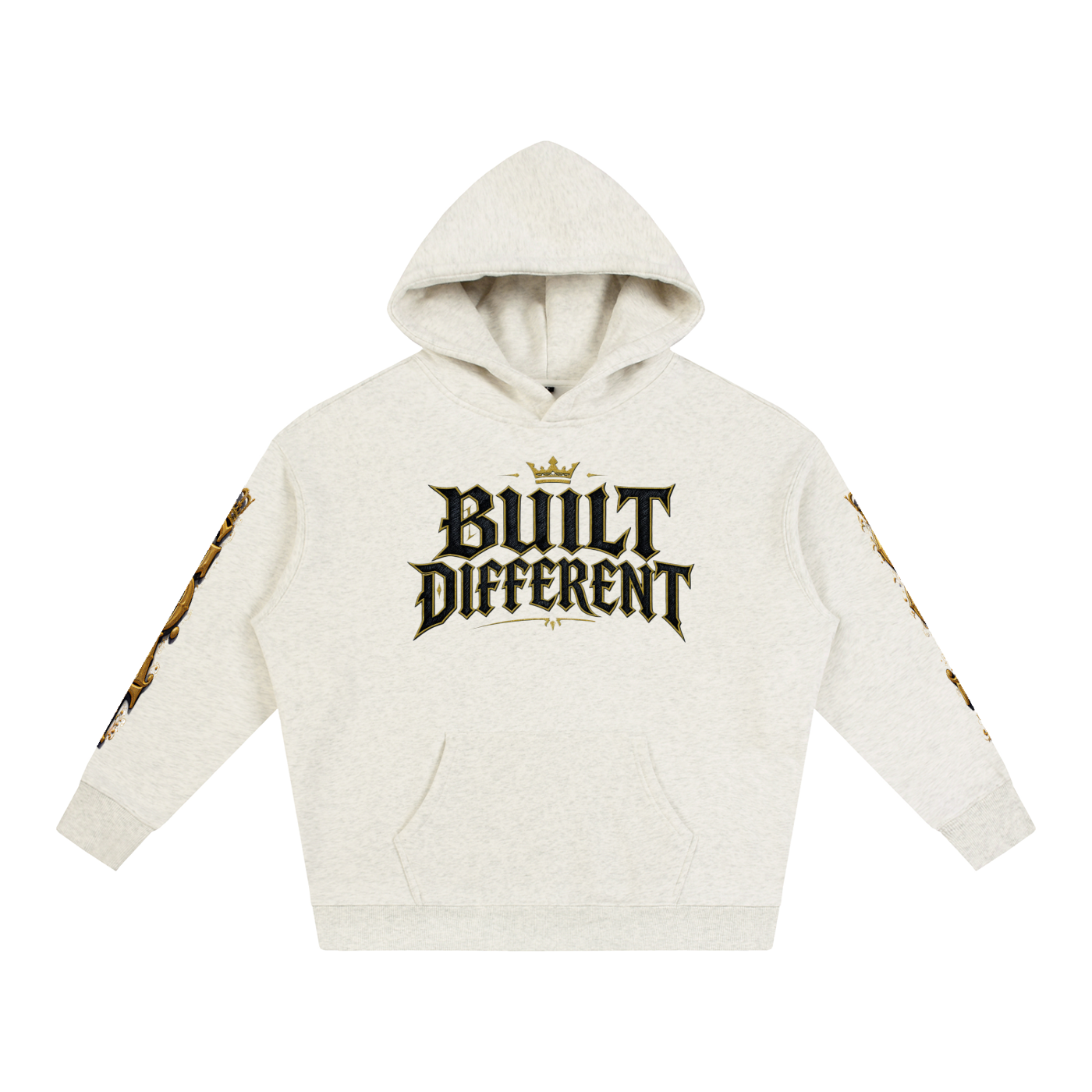 Oat-colored oversized fleece hoodie, front 'Built Different' logo and hood pocket