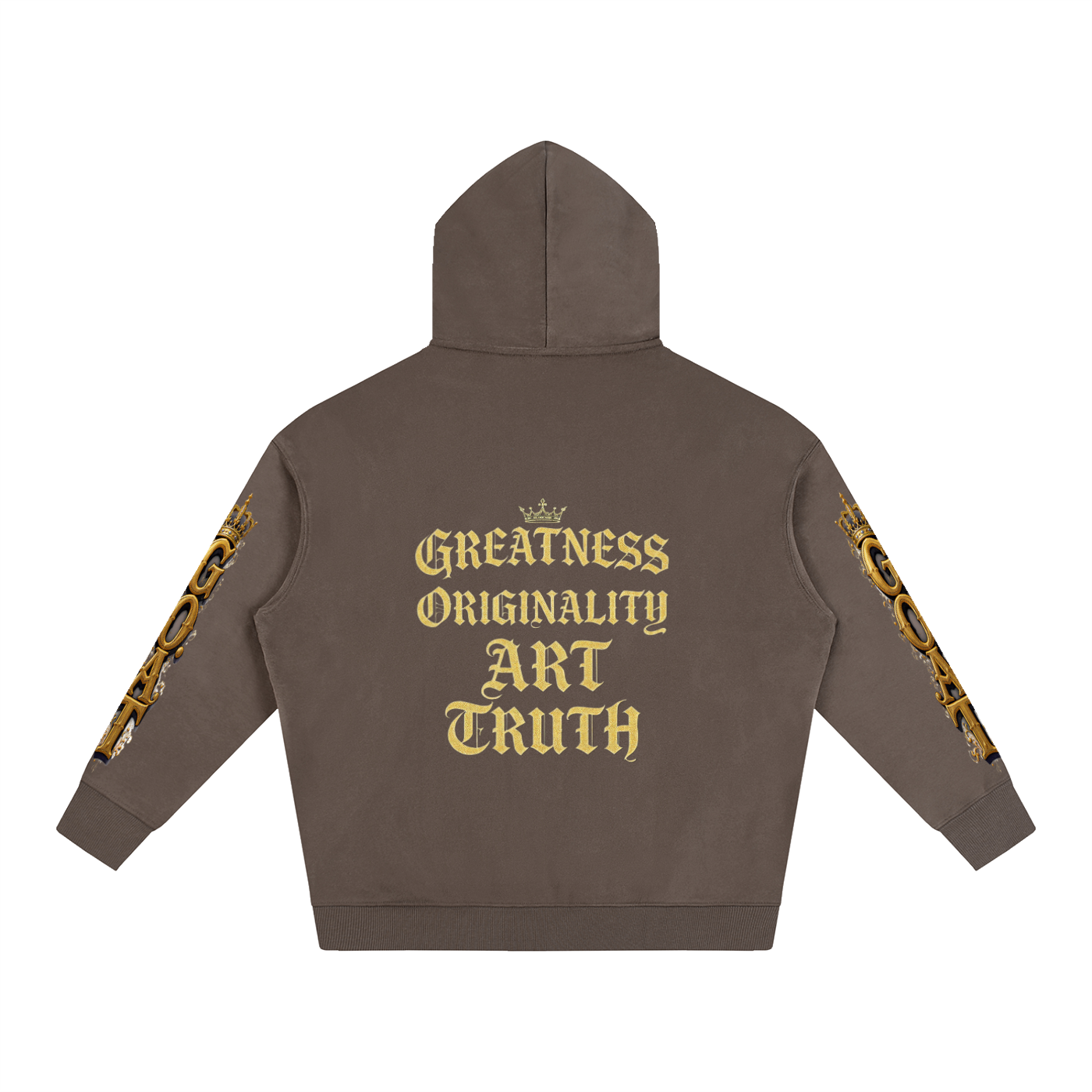 Oversized fleece hoodie, brown, back print, hood and kangaroo pocket