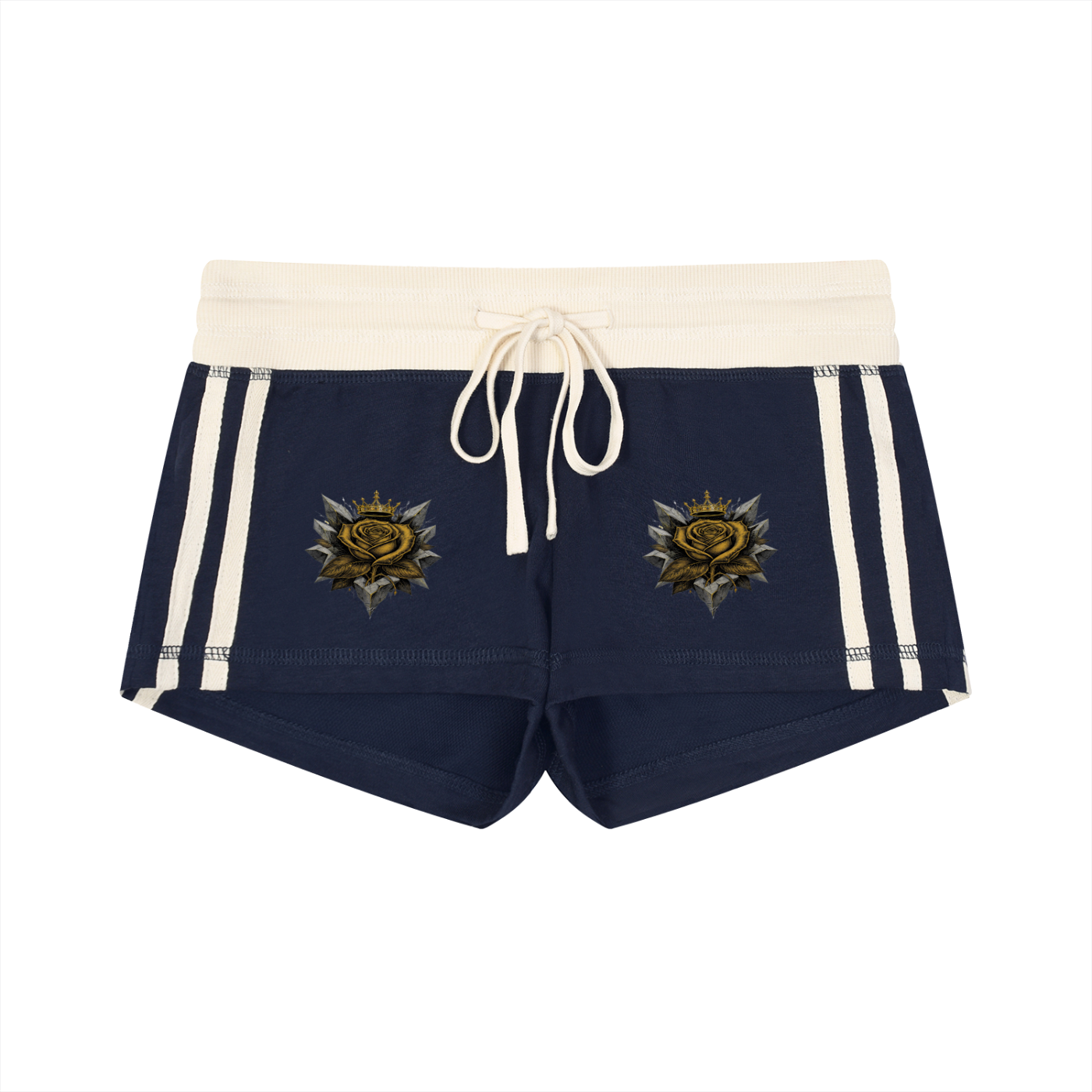 Women’s running track shorts in navy with white contrast stripe panels and drawstring