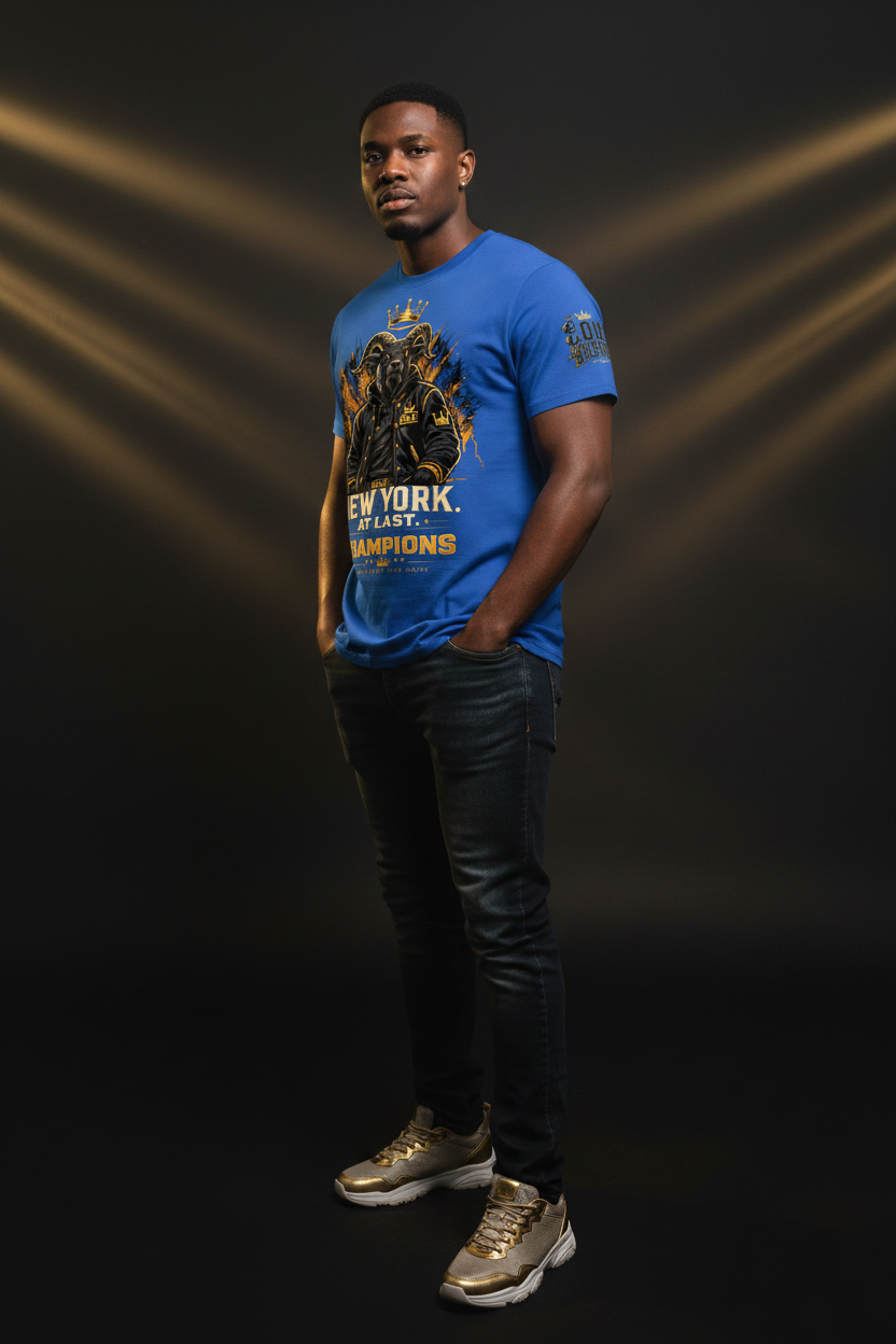 Blue unisex cotton tee on model, featuring lion helmet and “New York at Last Champions”
