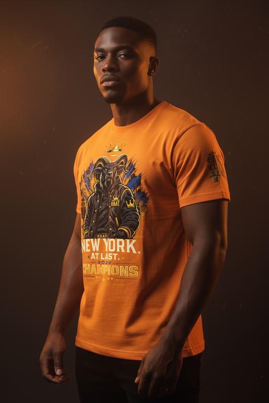 Orange unisex cotton tee on model, featuring lion helmet and “New York at Last Champions”