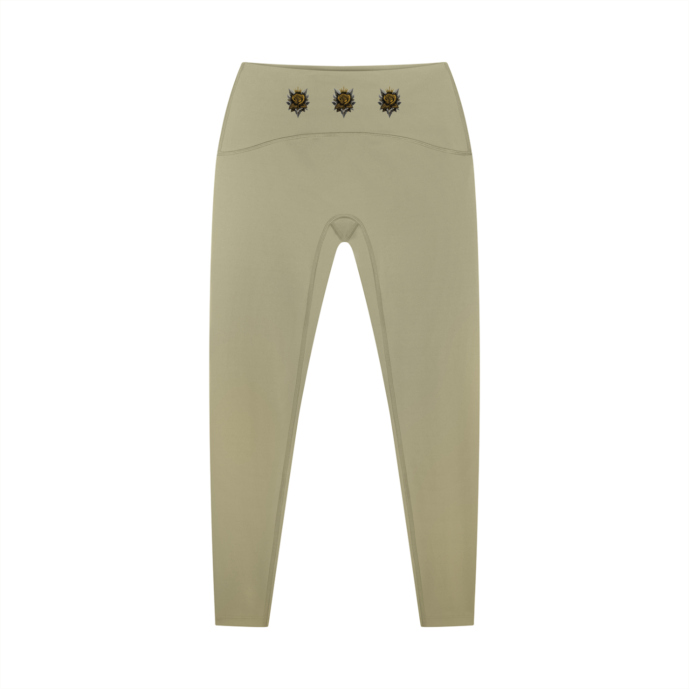 Khaki high-waisted ankle yoga leggings with waistband emblems