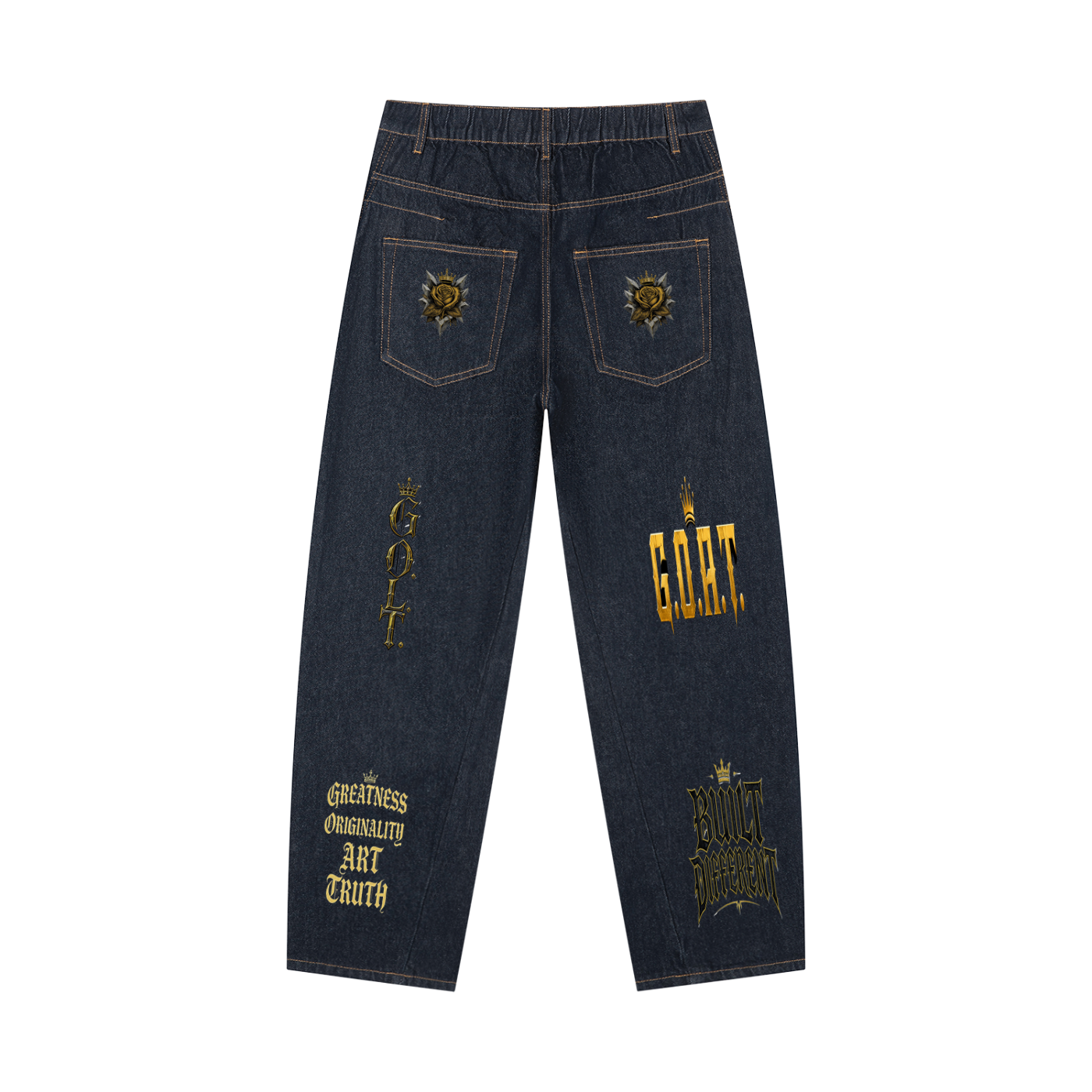 Navy barrel-leg jeans flat lay with gold pocket crest and large leg text embroidery