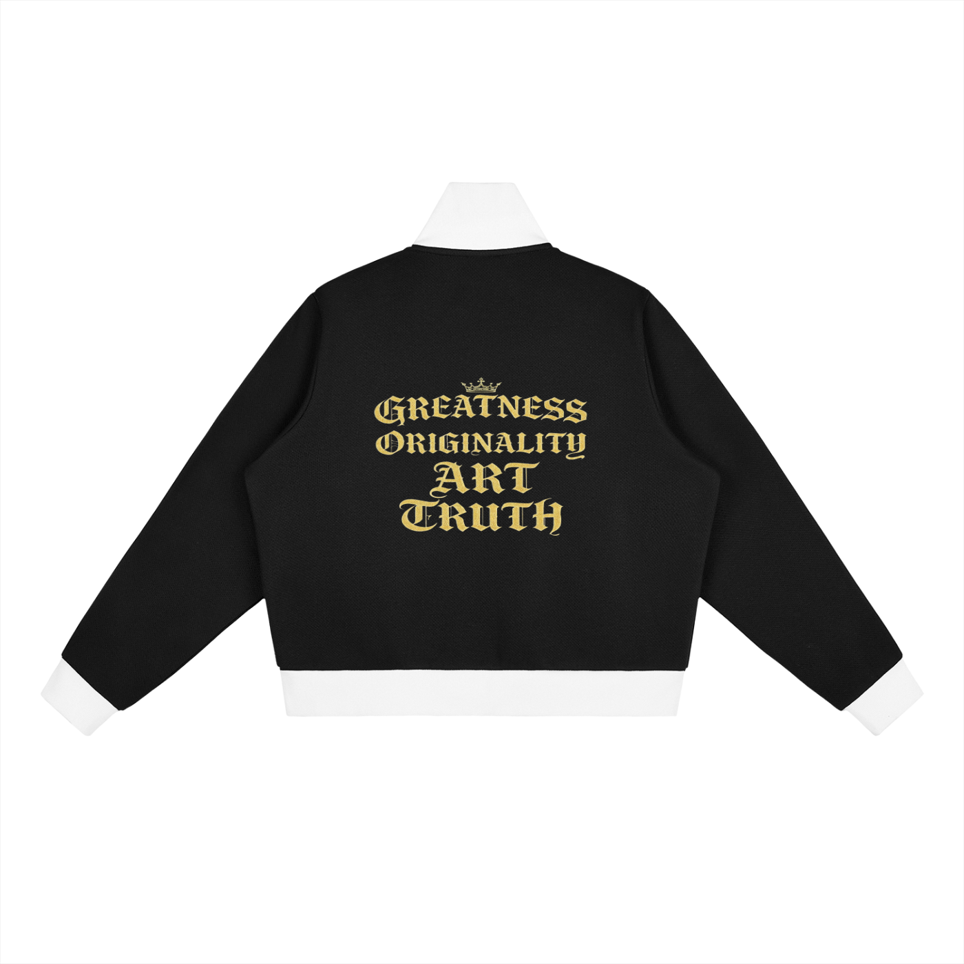 Black cropped fleece track jacket back view with gold logo text and white contrast trim