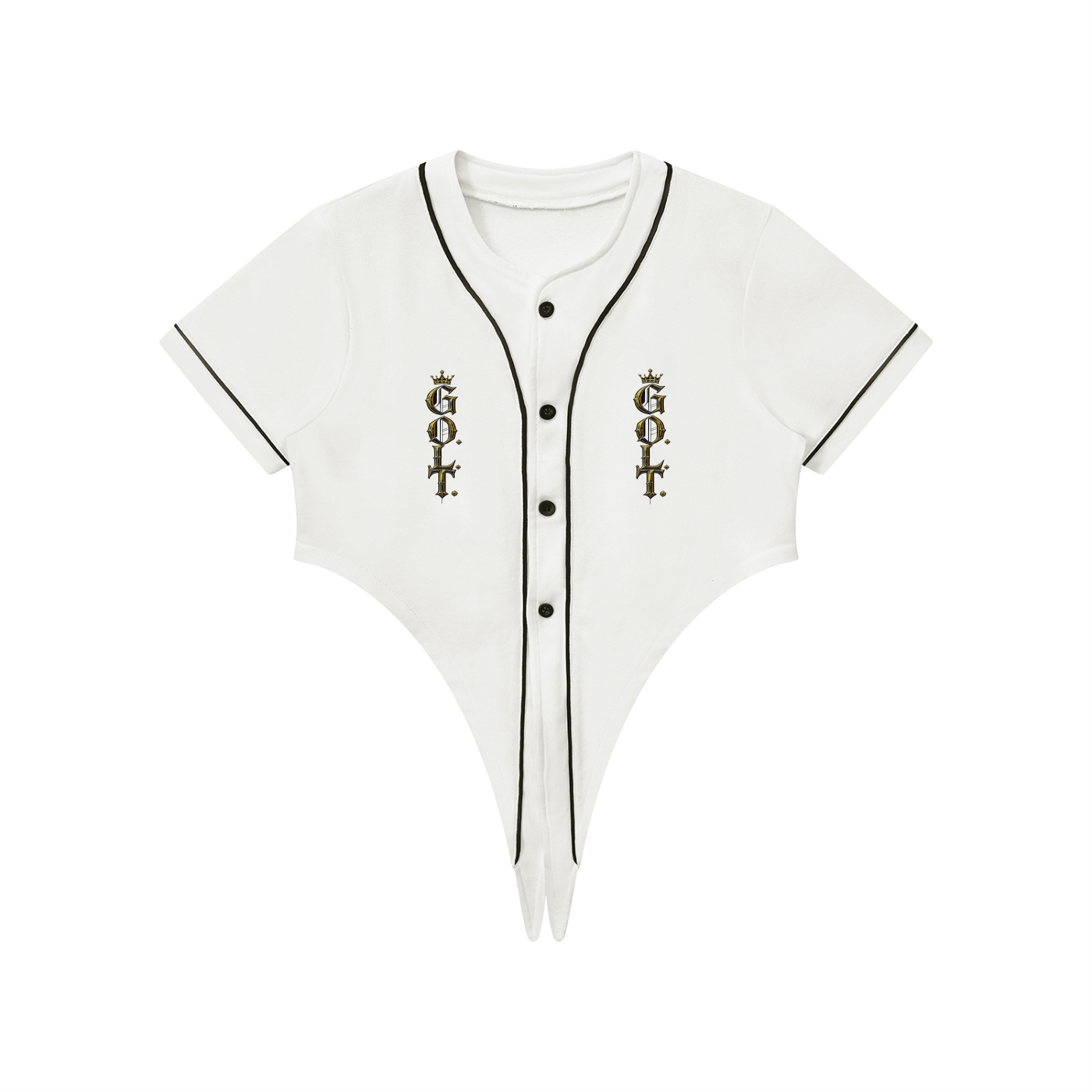 White cropped baseball jersey with black piping, button placket, and crest graphic on chest.