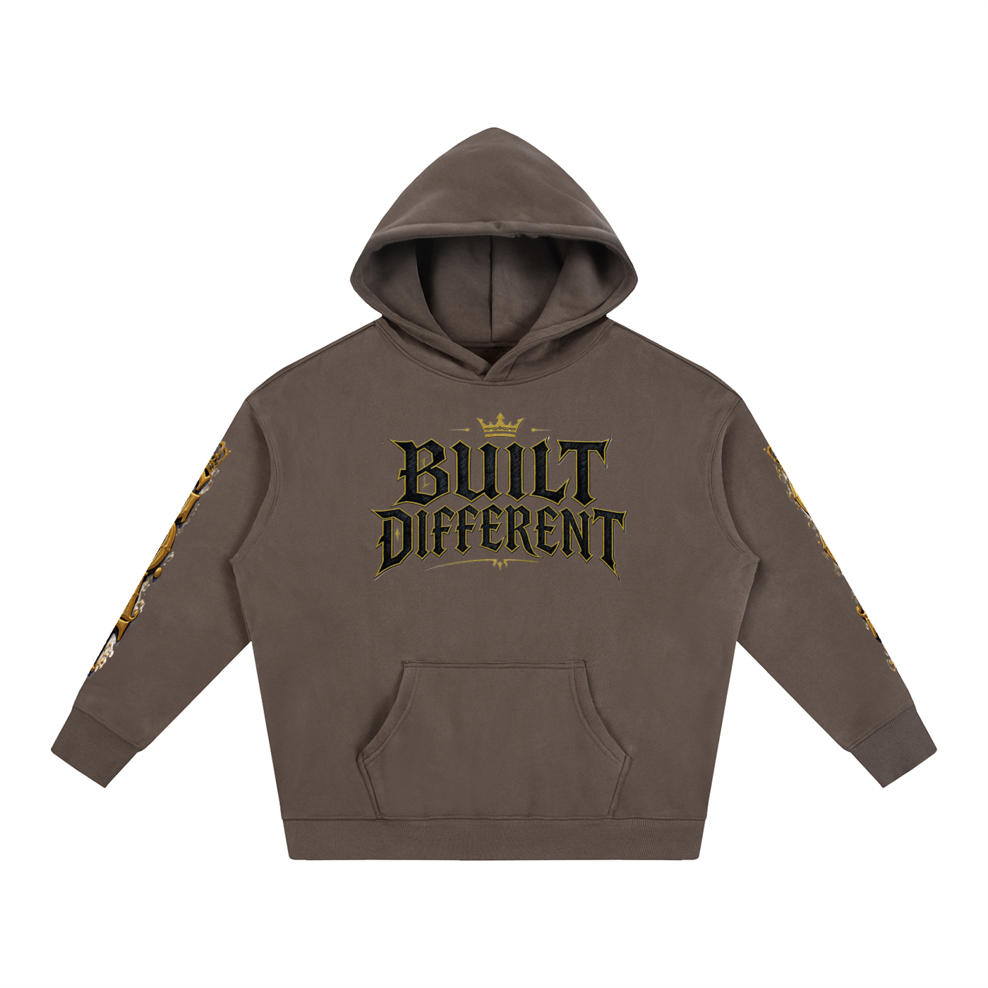 Oversized fleece hoodie, brown, front print, hood and kangaroo pocket