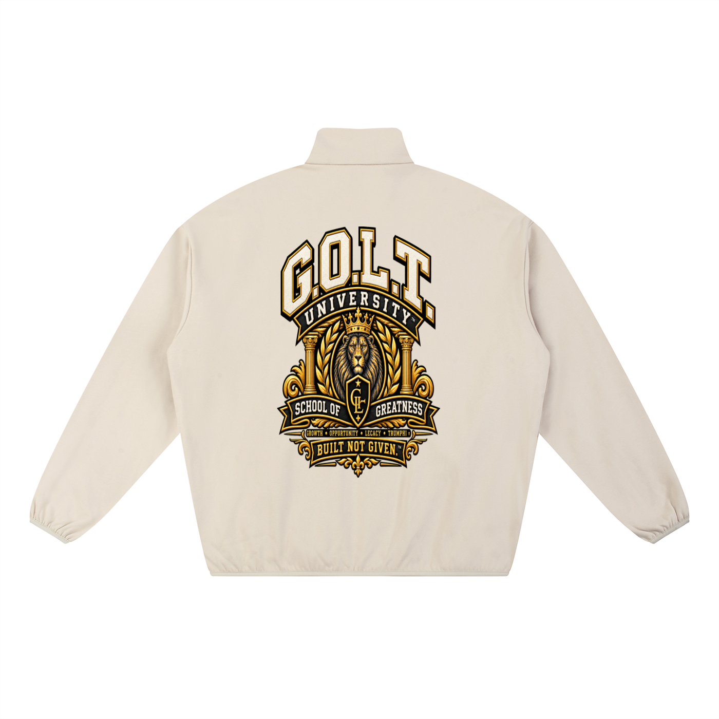 Oat gray heavyweight jacket with stand collar, front zipper, and large G.O.L.T. back emblem