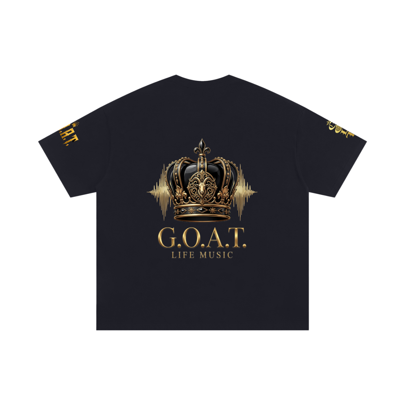 Black oversized cotton T-shirt, back graphic with gold crown and "G.O.A.T. Life Music"