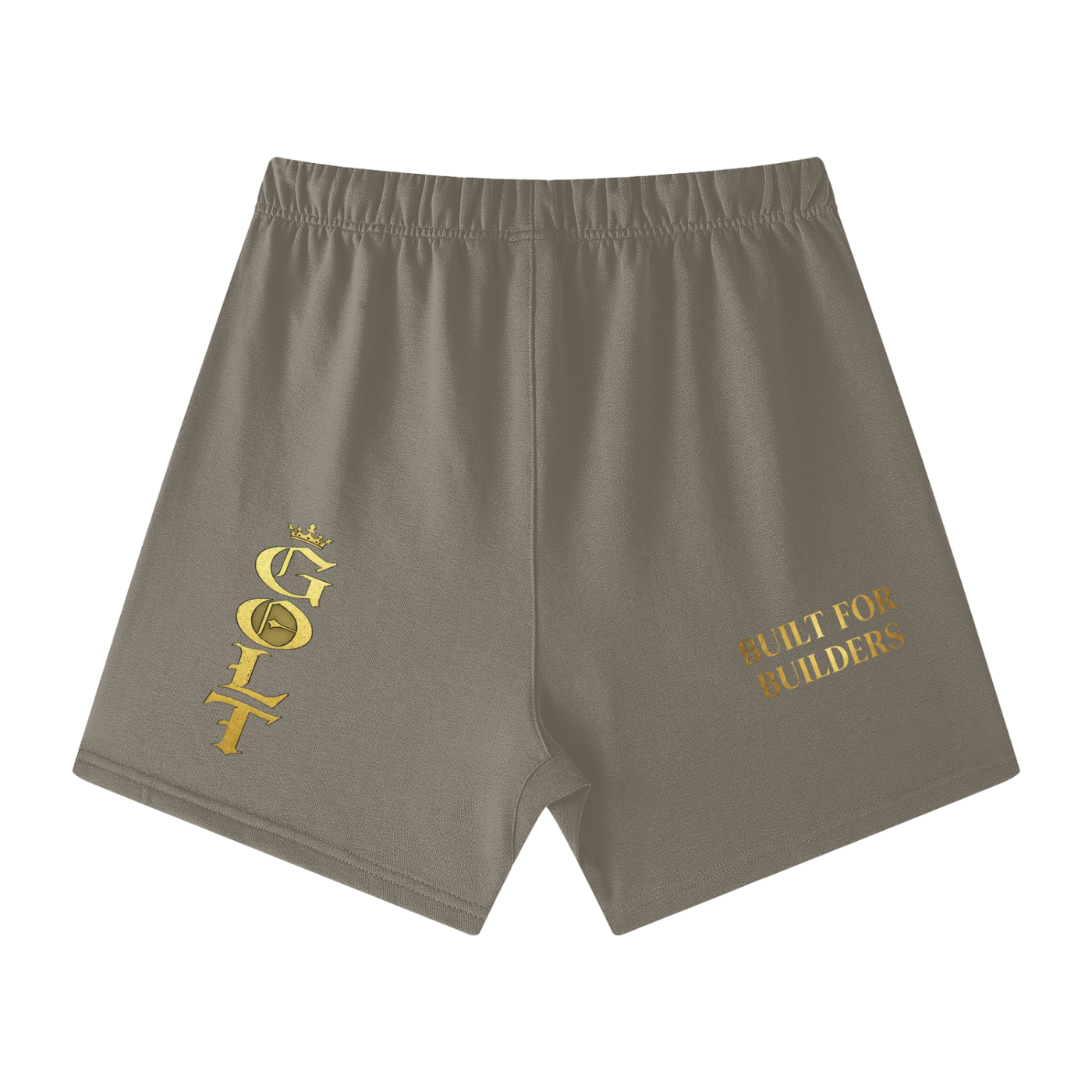 Unisex gray cotton shorts with elastic waistband and gold “Build for Builders” text