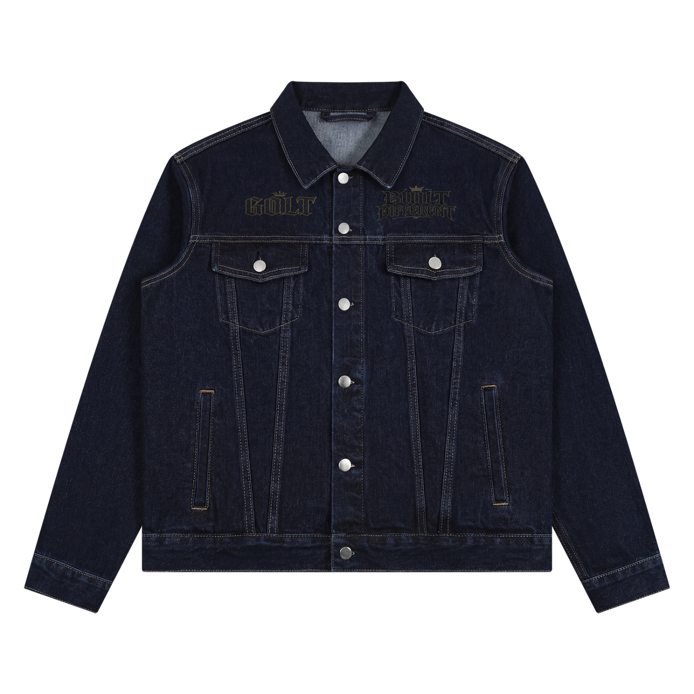 Dark navy denim jacket with button-front, flap pockets, and gold chest logo