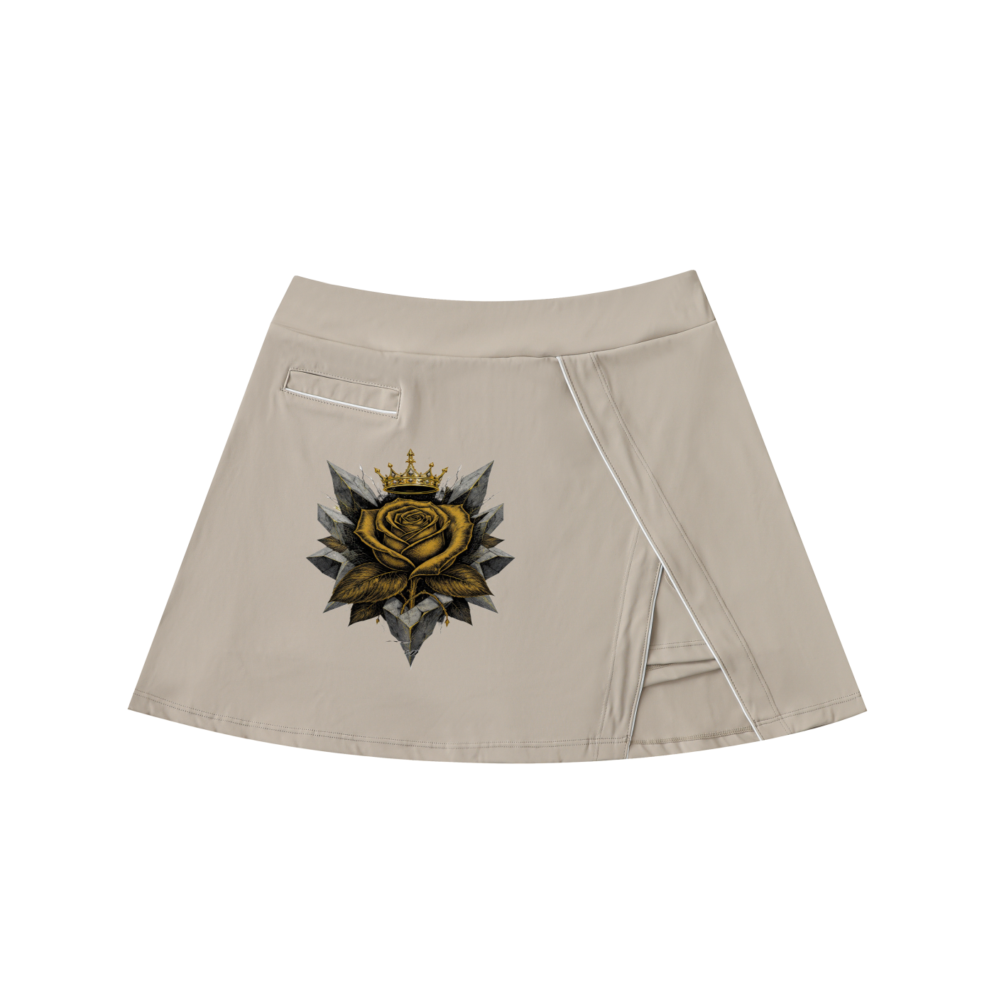 Light coffee high-waist A-line mini skirt with gold rose emblem graphic