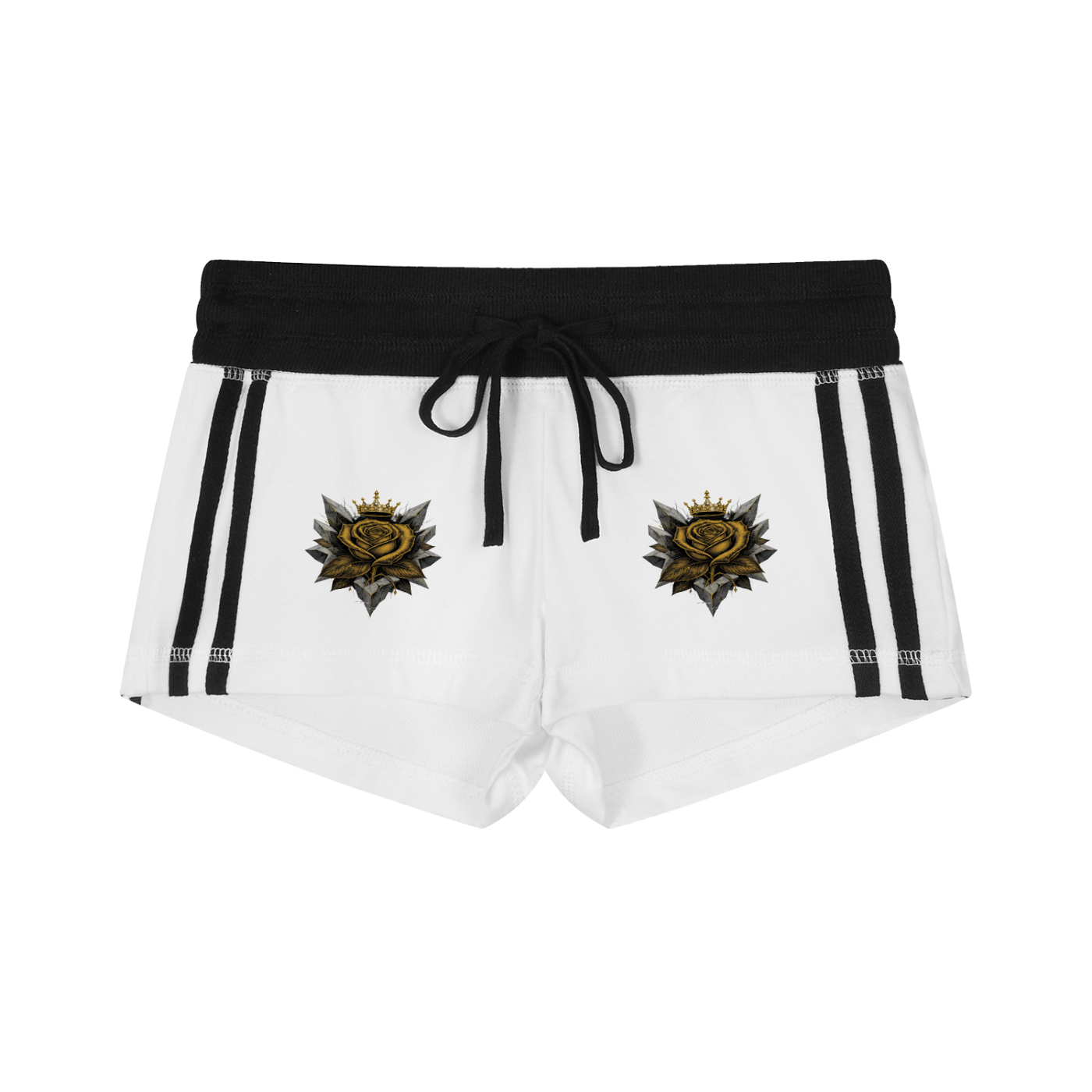 Women’s running track shorts in white with black contrast stripe panels and drawstring