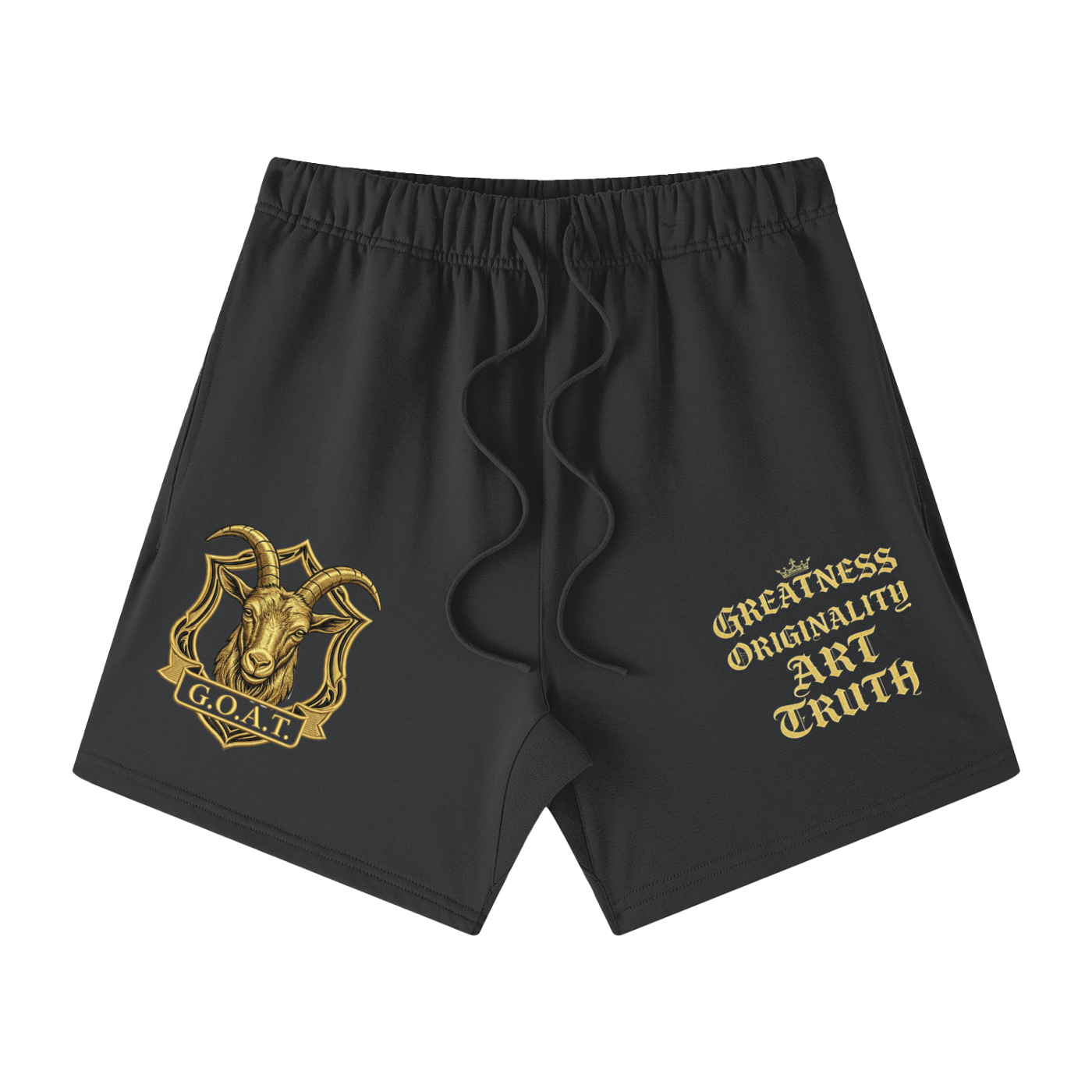 Unisex cotton shorts, charcoal black, elastic waistband, gold logo and slogan graphic.