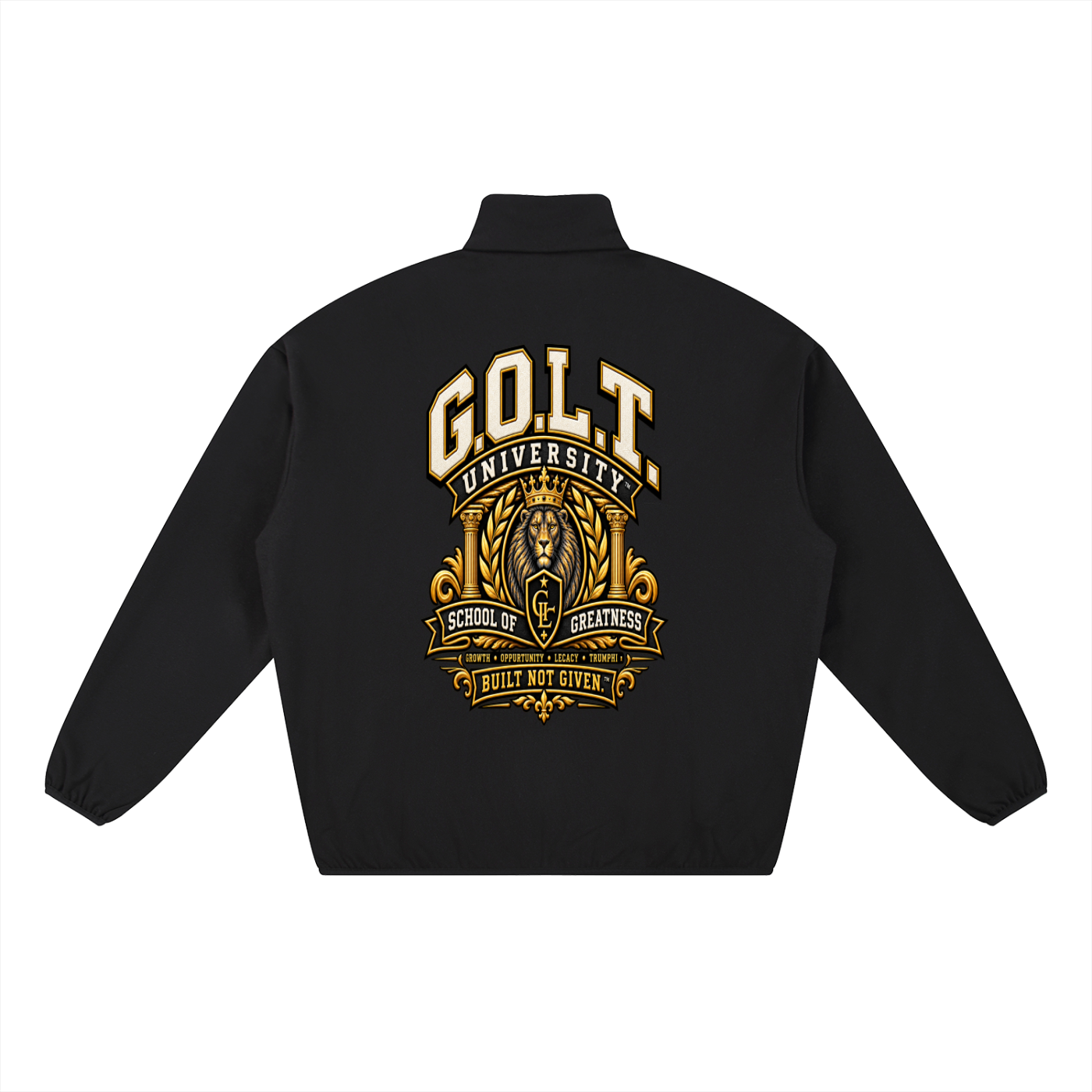 Black heavyweight jacket with stand collar, front zipper, and large G.O.L.T. back emblem