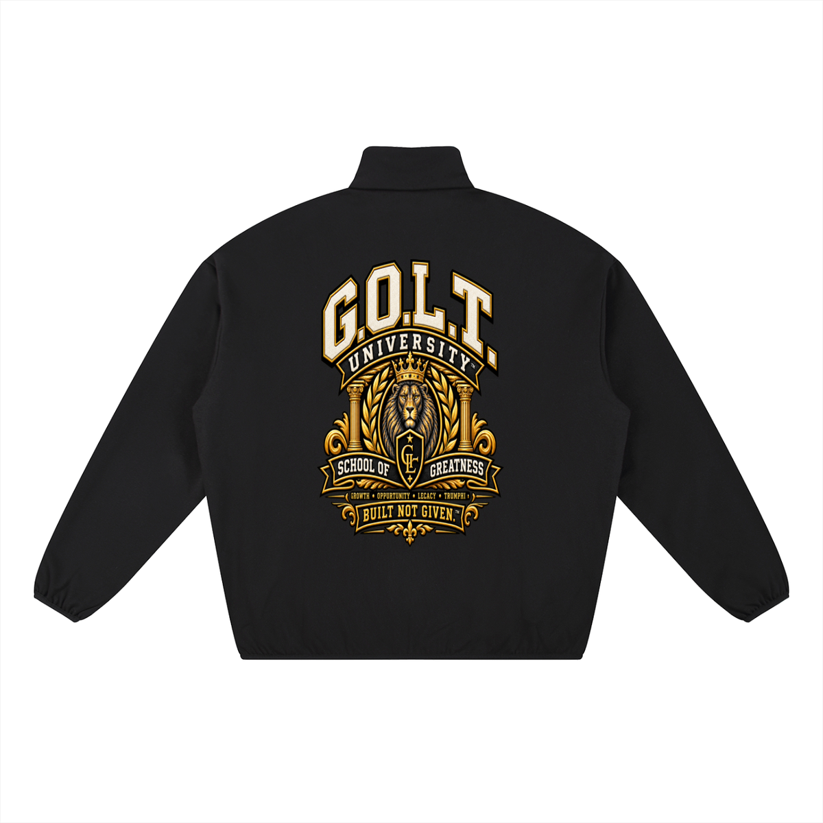Black heavyweight jacket with stand collar, front zipper, and large G.O.L.T. back emblem