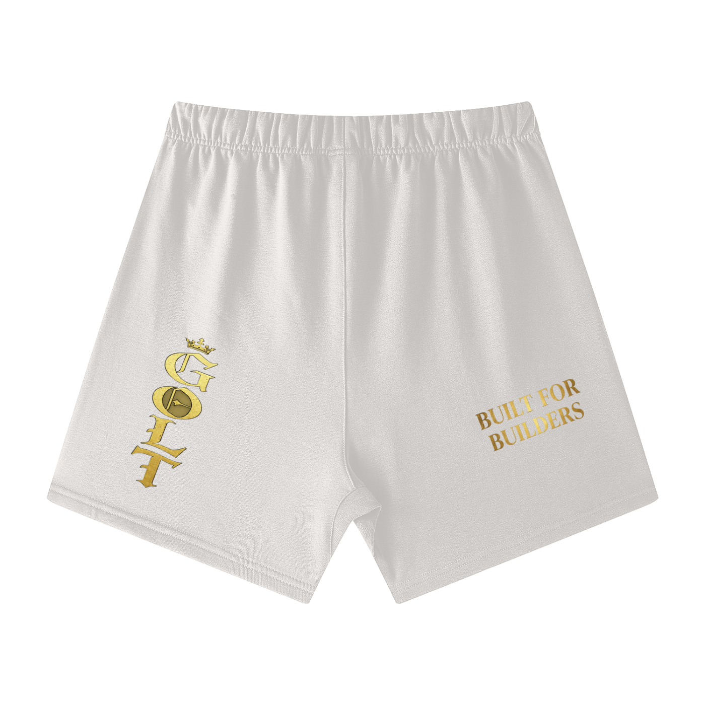 White loose-fit cotton shorts with elastic waistband and gold logo/text print