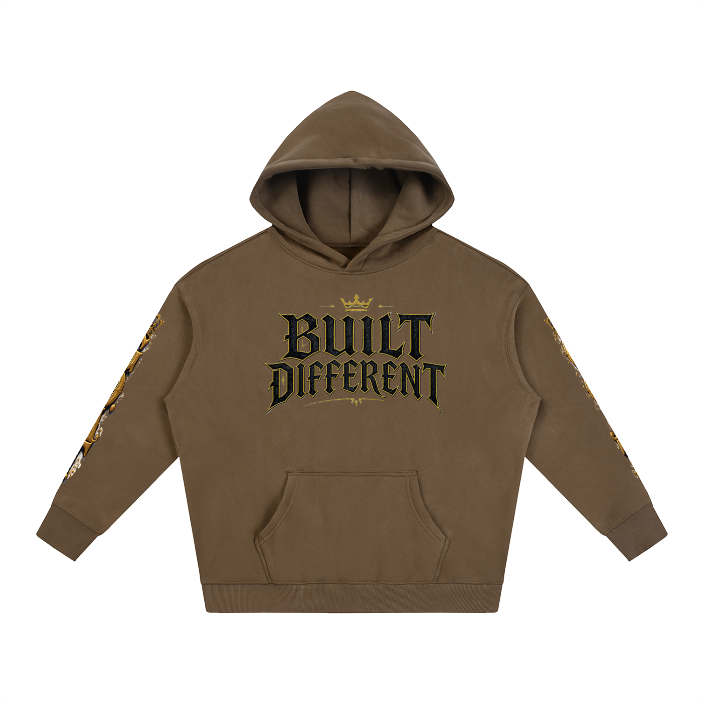 Brown oversized fleece hoodie, front logo: Built Different, hood and kangaroo pocket