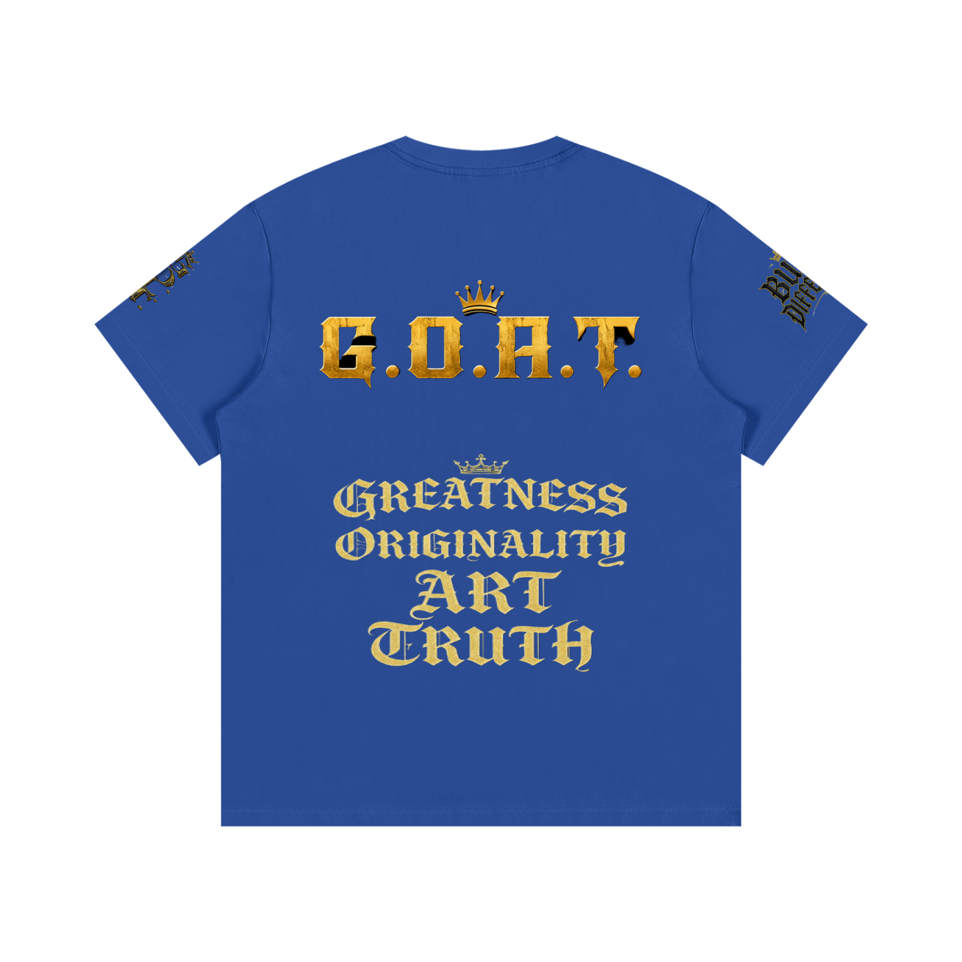 Blue unisex cotton tee with gold G.O.H.T text and crown graphic