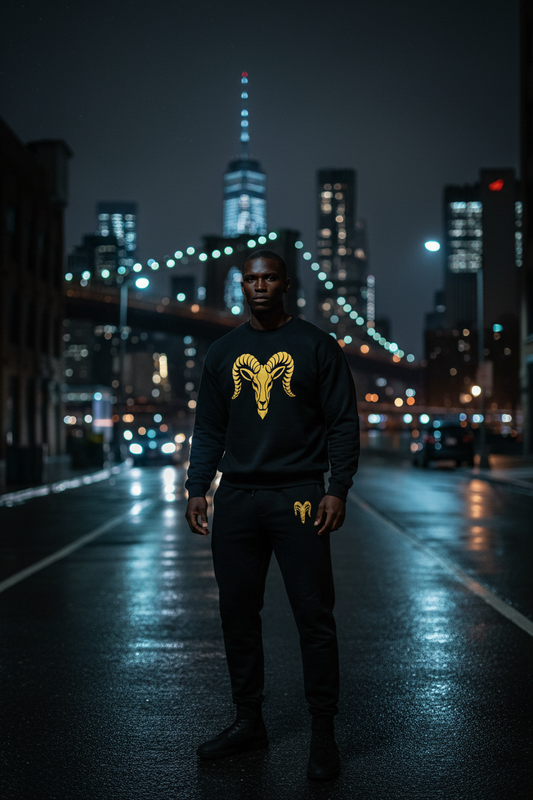 Black crewneck sweatshirt with gold ram chest graphic on model