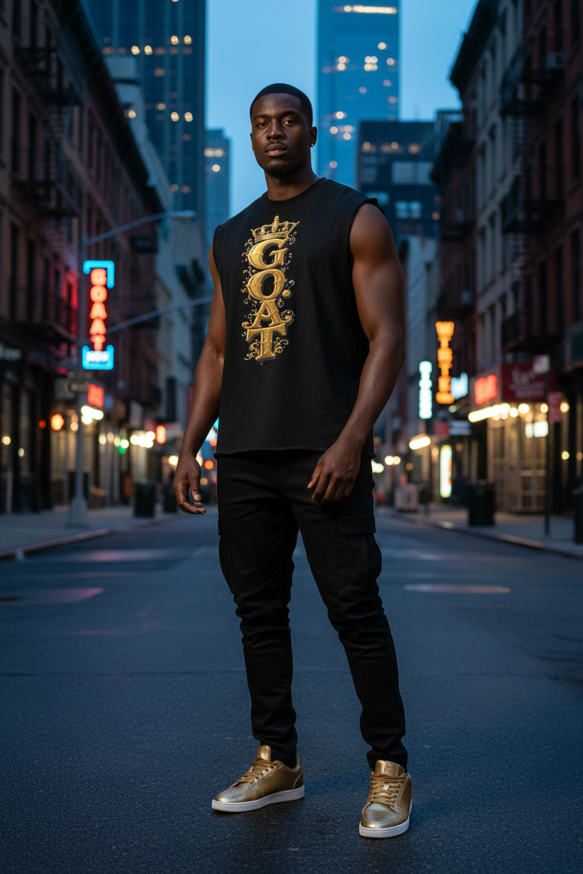 Black French terry boxy tank top with gold G.O.A.T emblem, worn with black pants