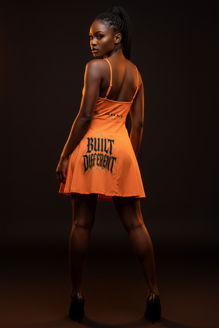 Orange women's A-line dress with thin straps, open back, and 'built different' graphic