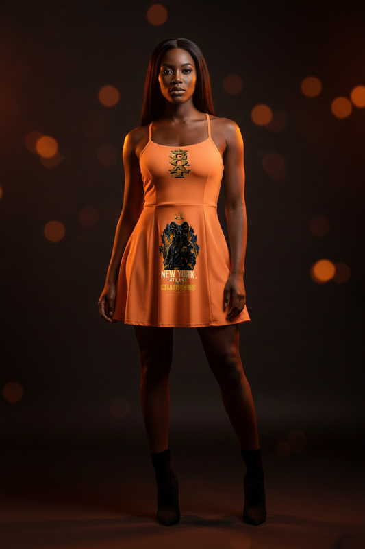 Orange women's A-line dress with thin straps and front championship graphic