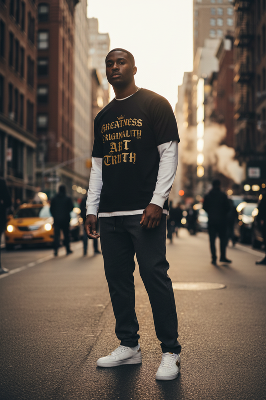 Man wearing black long sleeve graphic tee with white sleeves and gold front text