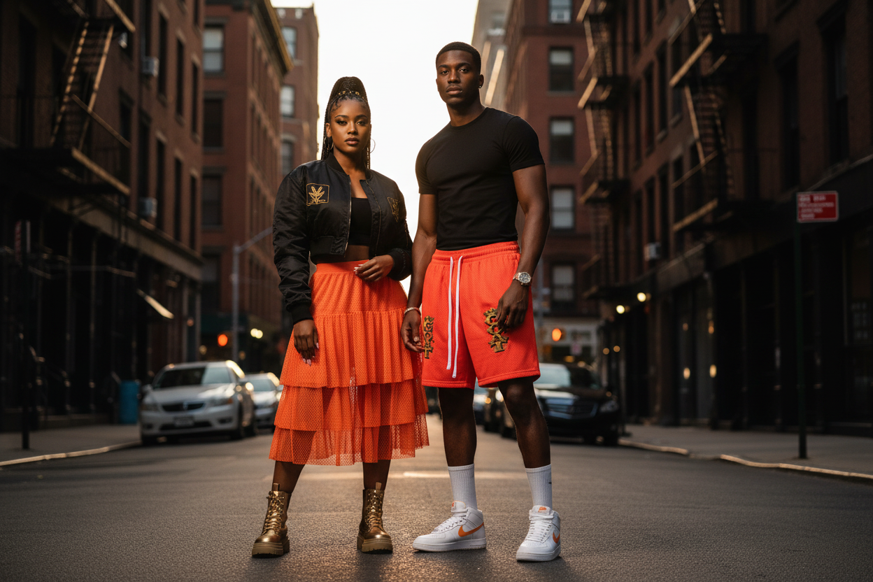 Orange mesh drawstring shorts with gold emblem print, worn by a person