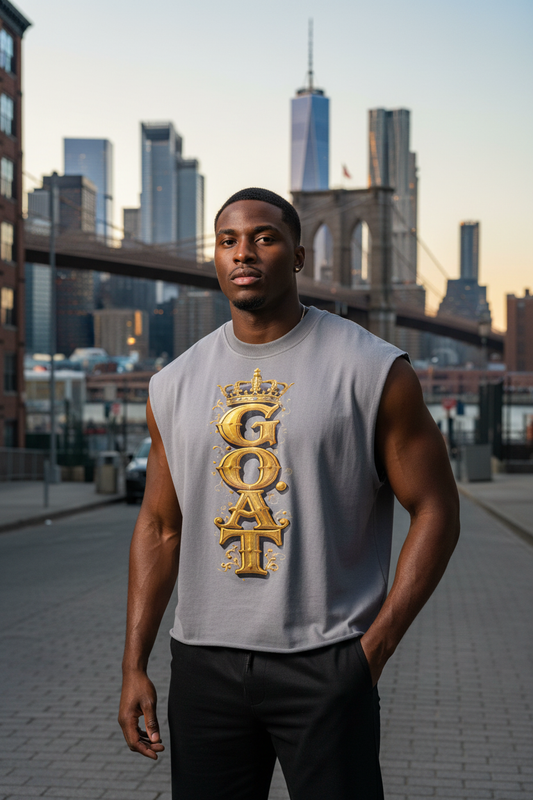 Gray French terry boxy tank top with gold G.O.A.T emblem print