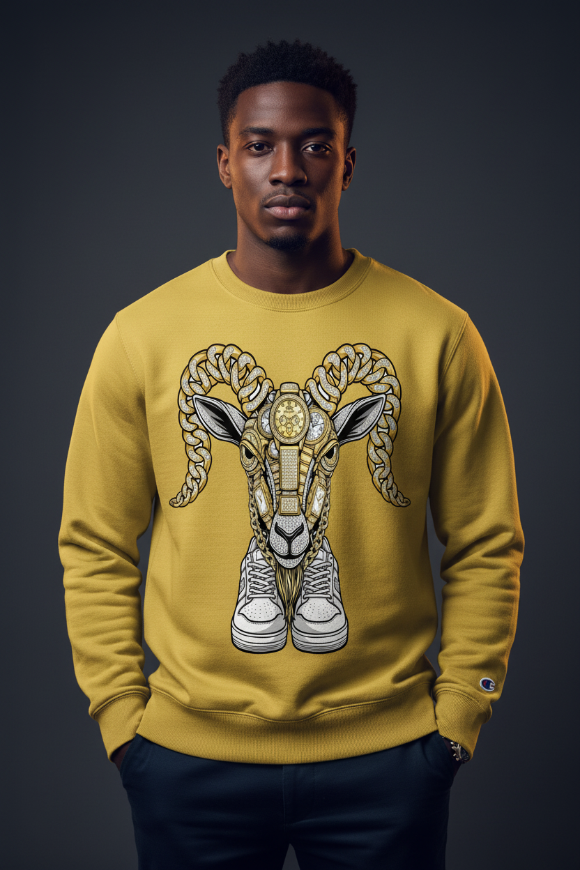 Mustard gold crewneck sweatshirt with embroidered ram graphic on the front