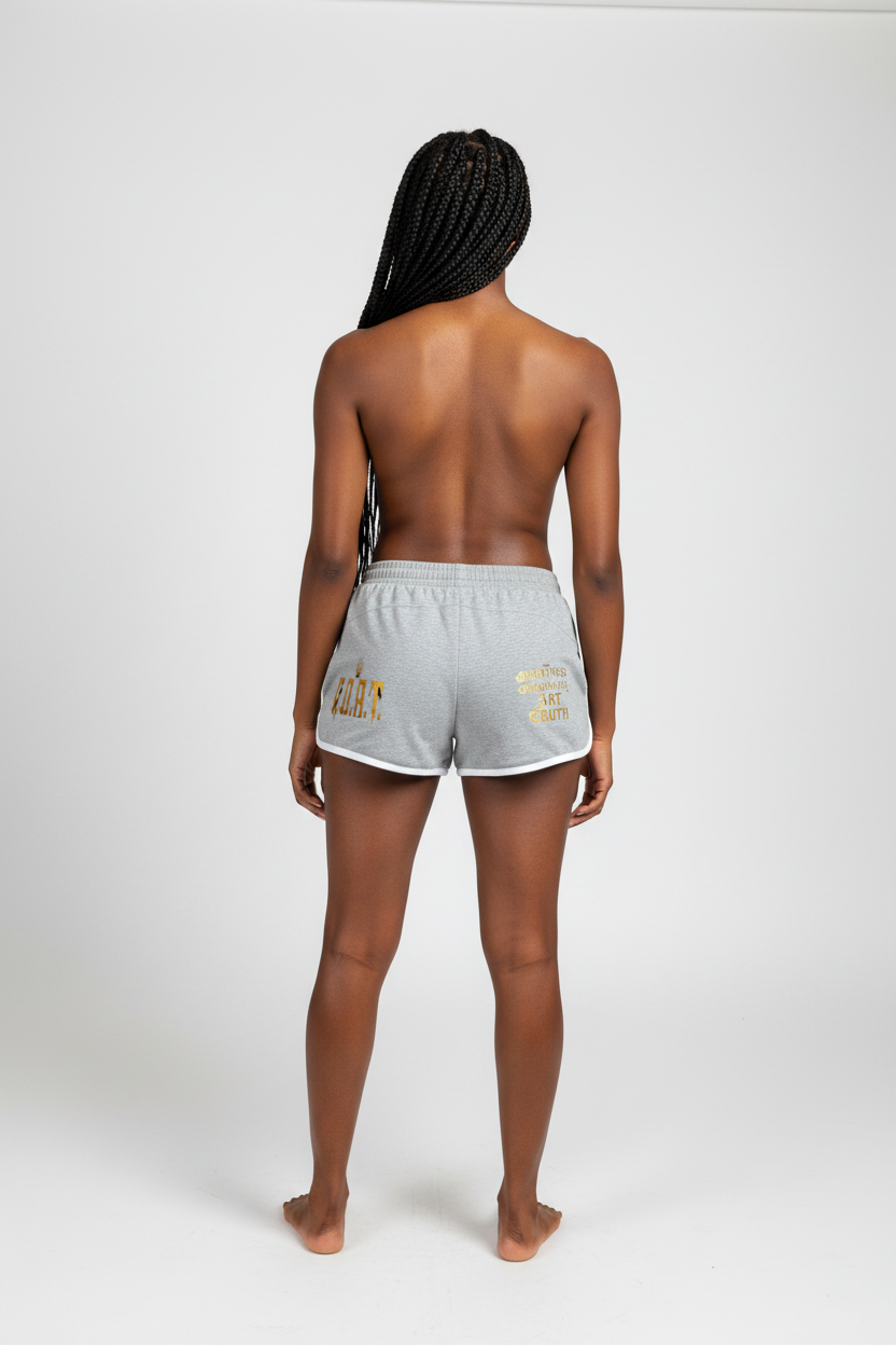 White women's retro shorts with black contrast trim and gold back graphic