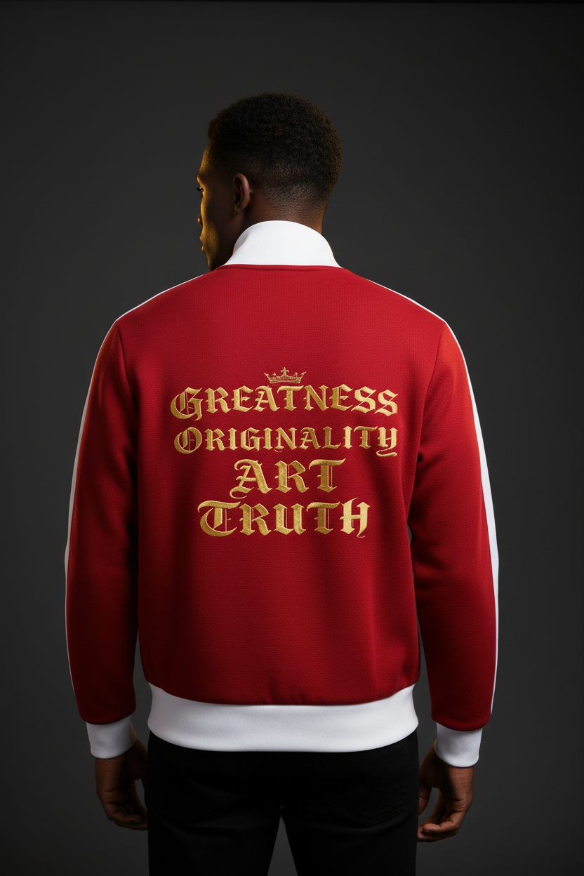 Red cropped fleece track jacket back view with gold logo text and white stand collar