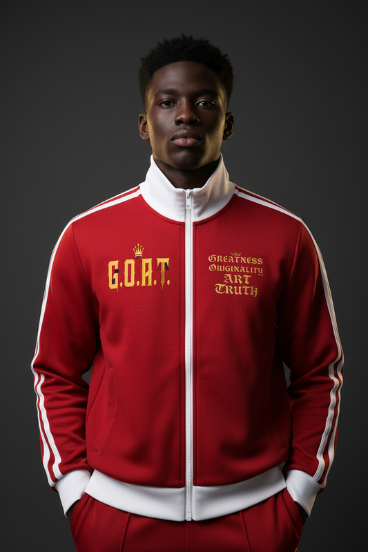 Red cropped fleece track jacket with white contrast stripe sleeves and zip-front stand collar