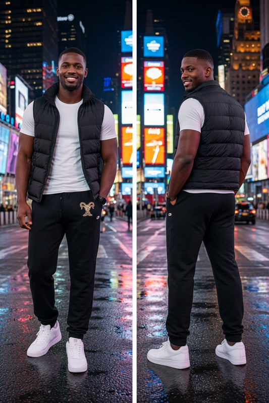Black joggers with gold fleur-de-lis emblem and Champion logo on the leg