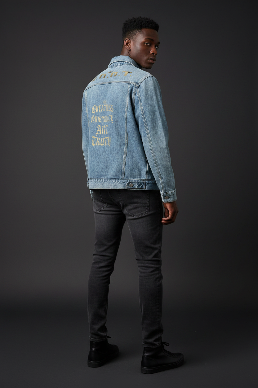 Light blue vintage-wash denim jacket with gold back graphic and button-front