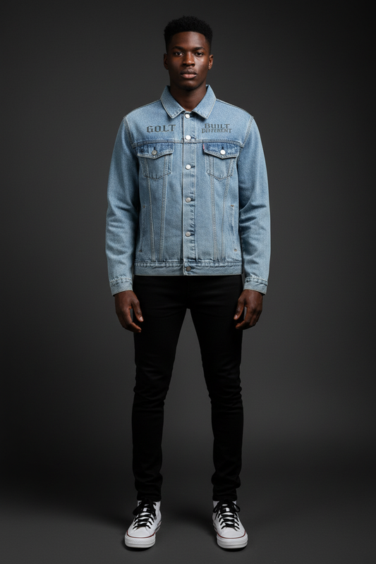 Light blue vintage-wash denim jacket on model, with button-front and flap chest pockets